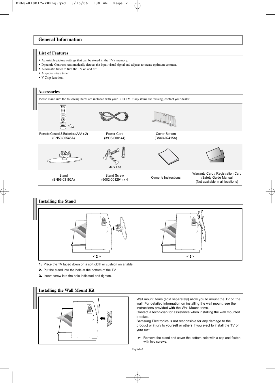 General information, List of features, Accessories | Installing the stand, Installing the wall mount kit | Samsung LNS2341WX-XAA User Manual | Page 4 / 80