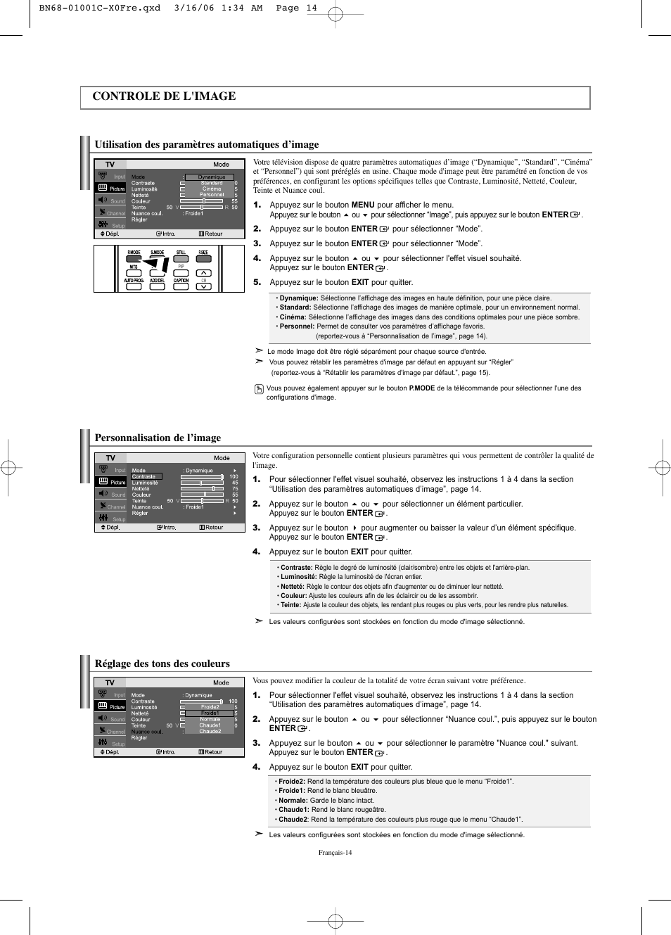 Controle de l'image, Utilisation des paramètres automatiques d’image, Réglage des tons des couleurs | Personnalisation de l’image | Samsung LNS2341WX-XAA User Manual | Page 42 / 80