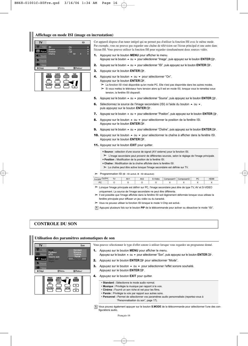 Controle du son, Affichage en mode isi (image en incrustation), Utilisation des paramètres automatiques de son | Samsung LNS2341WX-XAA User Manual | Page 44 / 80