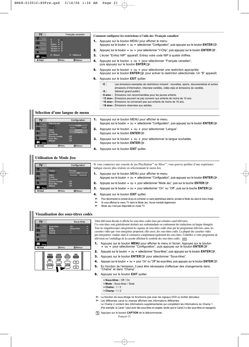 Visualisation des sous-titres codés, Sélection d’une langue de menu, Utilisation de mode jeu | Samsung LNS2341WX-XAA User Manual | Page 49 / 80