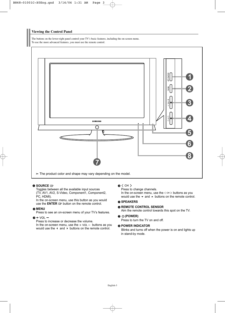 Viewing the control panel | Samsung LNS2341WX-XAA User Manual | Page 5 / 80