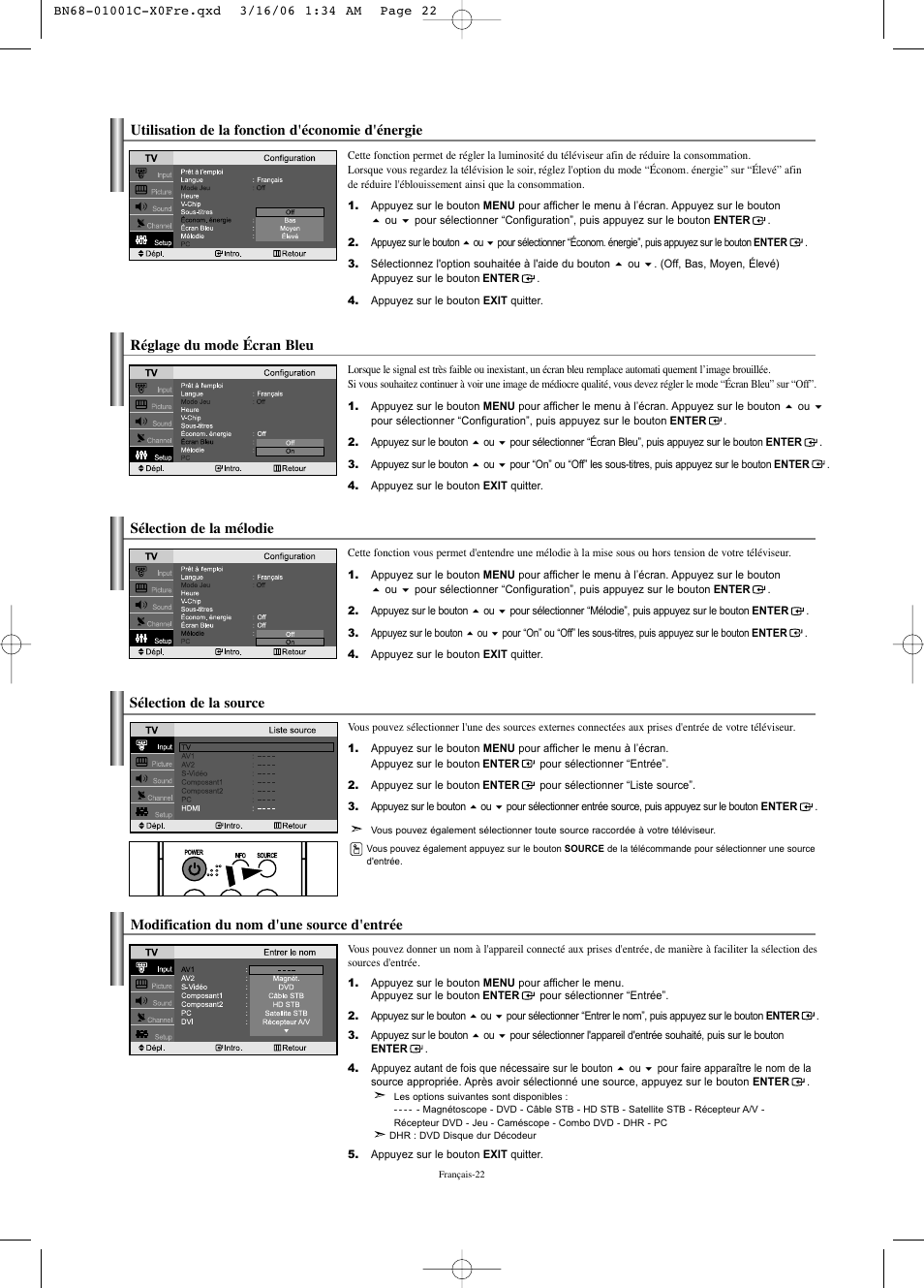 Utilisation de la fonction d'économie d'énergie, Sélection de la source, Modification du nom d'une source d'entrée | Réglage du mode écran bleu, Sélection de la mélodie | Samsung LNS2341WX-XAA User Manual | Page 50 / 80
