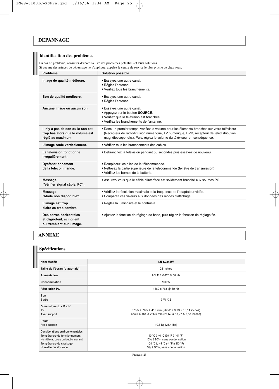 Depannage annexe, Spécifications, Identification des problèmes | Samsung LNS2341WX-XAA User Manual | Page 53 / 80