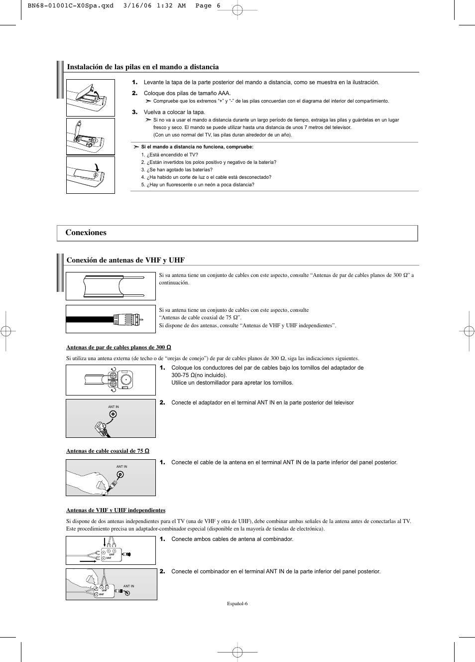 Conexiones, Instalación de las pilas en el mando a distancia, Conexión de antenas de vhf y uhf | Samsung LNS2341WX-XAA User Manual | Page 60 / 80