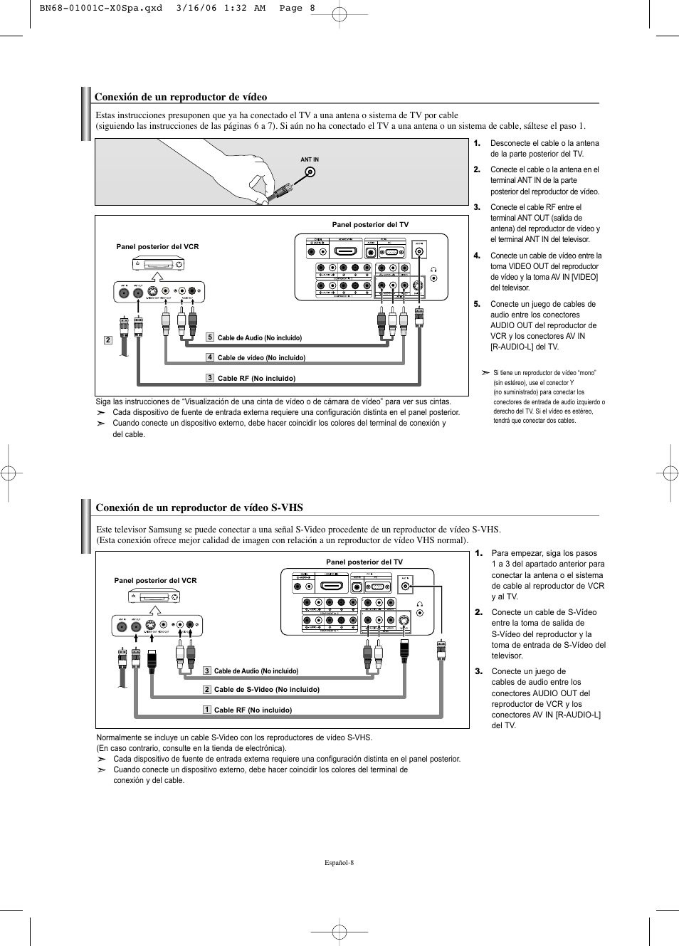 Conexión de un reproductor de vídeo, Conexión de un reproductor de vídeo s-vhs | Samsung LNS2341WX-XAA User Manual | Page 62 / 80