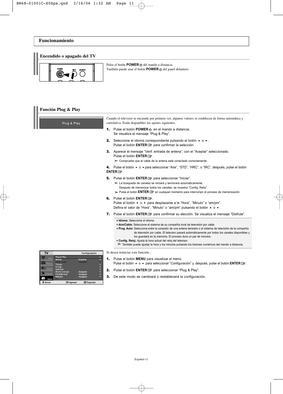 Funcionamiento, Encendido o apagado del tv, Función plug & play | Samsung LNS2341WX-XAA User Manual | Page 65 / 80