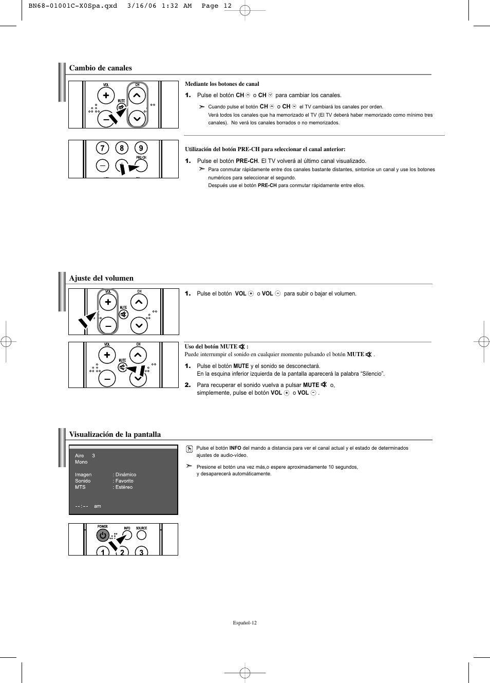 Visualización de la pantalla, Cambio de canales, Ajuste del volumen | Samsung LNS2341WX-XAA User Manual | Page 66 / 80