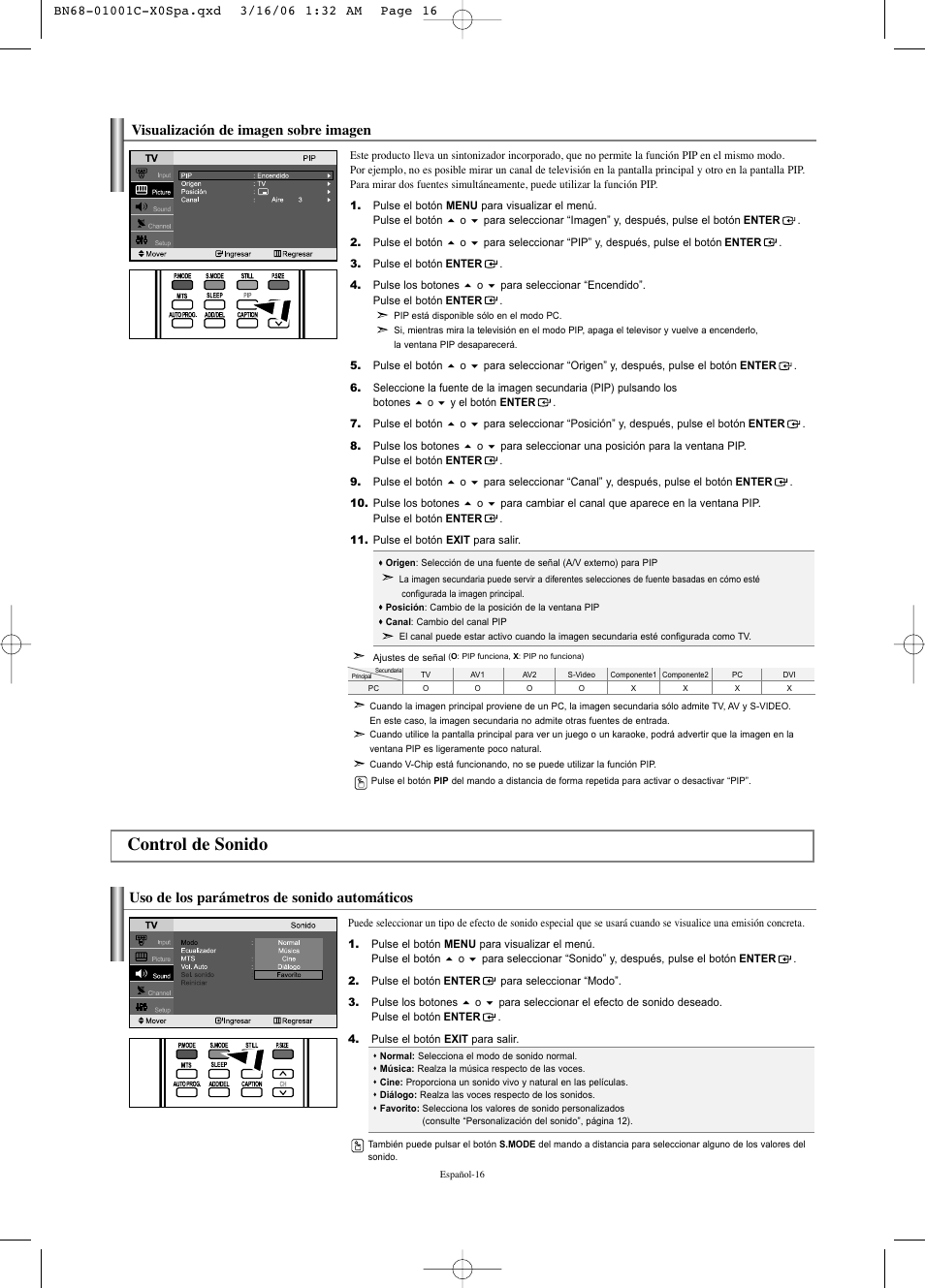 Control de sonido, Visualización de imagen sobre imagen, Uso de los parámetros de sonido automáticos | Samsung LNS2341WX-XAA User Manual | Page 70 / 80