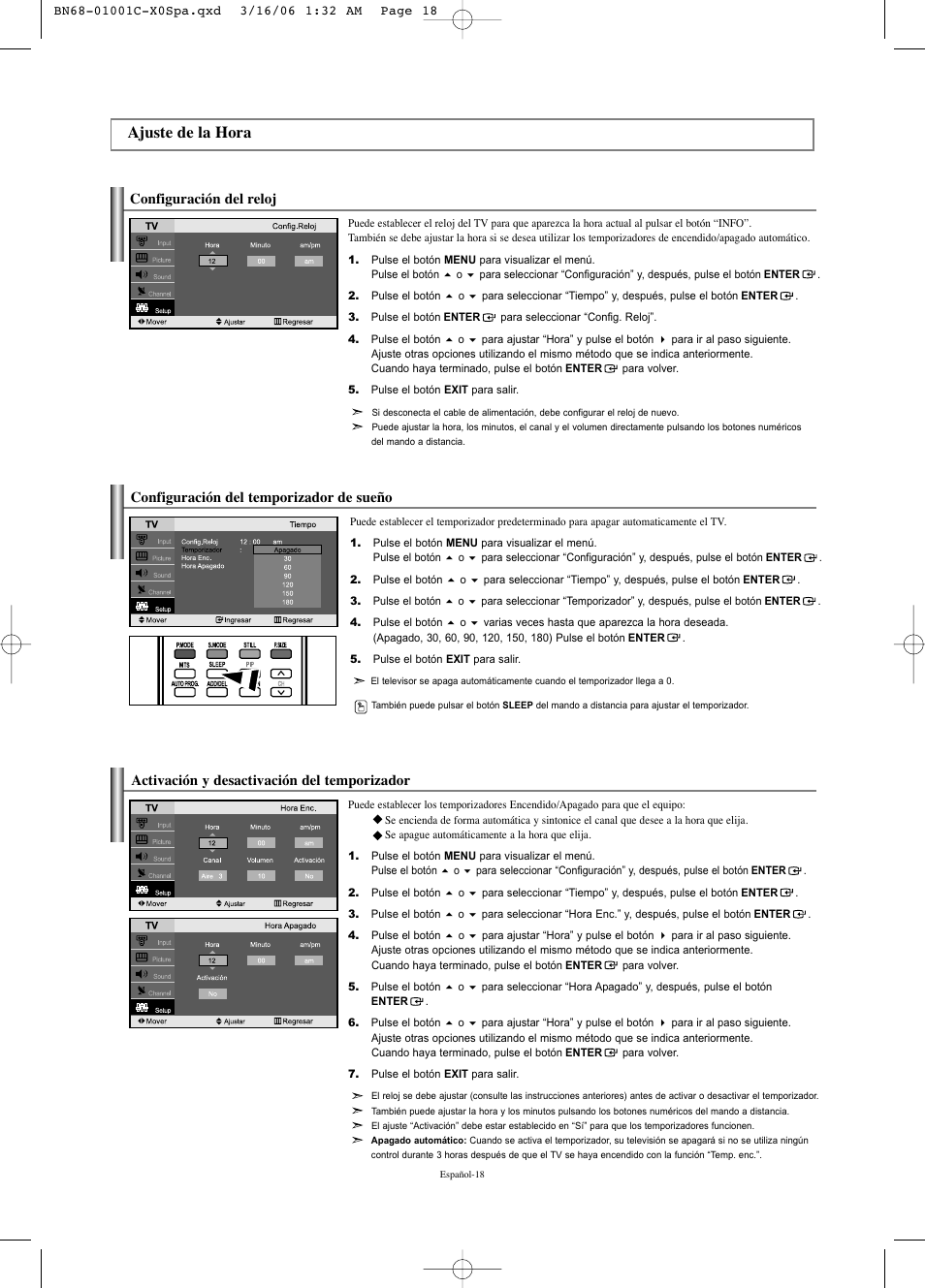Ajuste de la hora, Configuración del reloj | Samsung LNS2341WX-XAA User Manual | Page 72 / 80