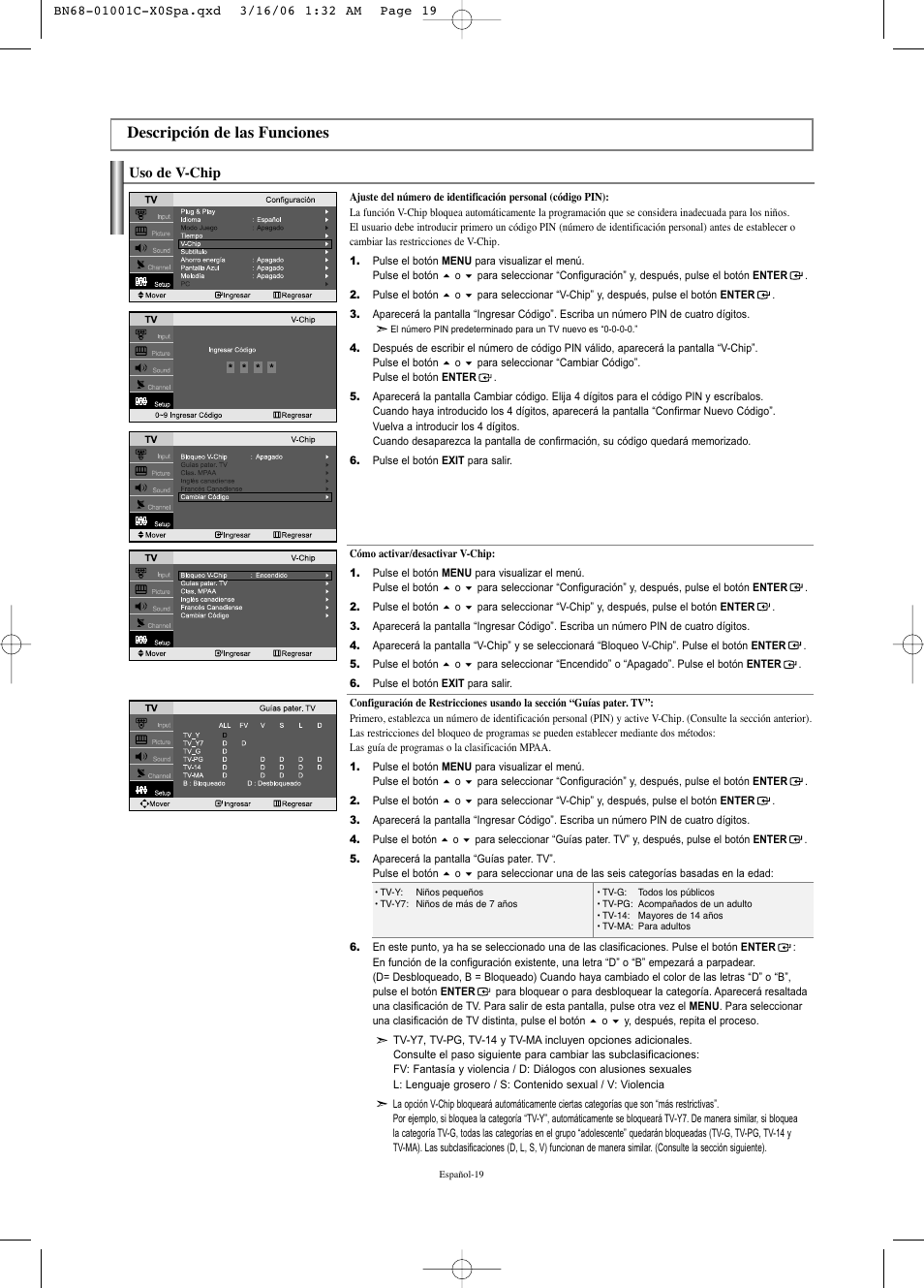 Descripción de las funciones, Uso de v-chip | Samsung LNS2341WX-XAA User Manual | Page 73 / 80