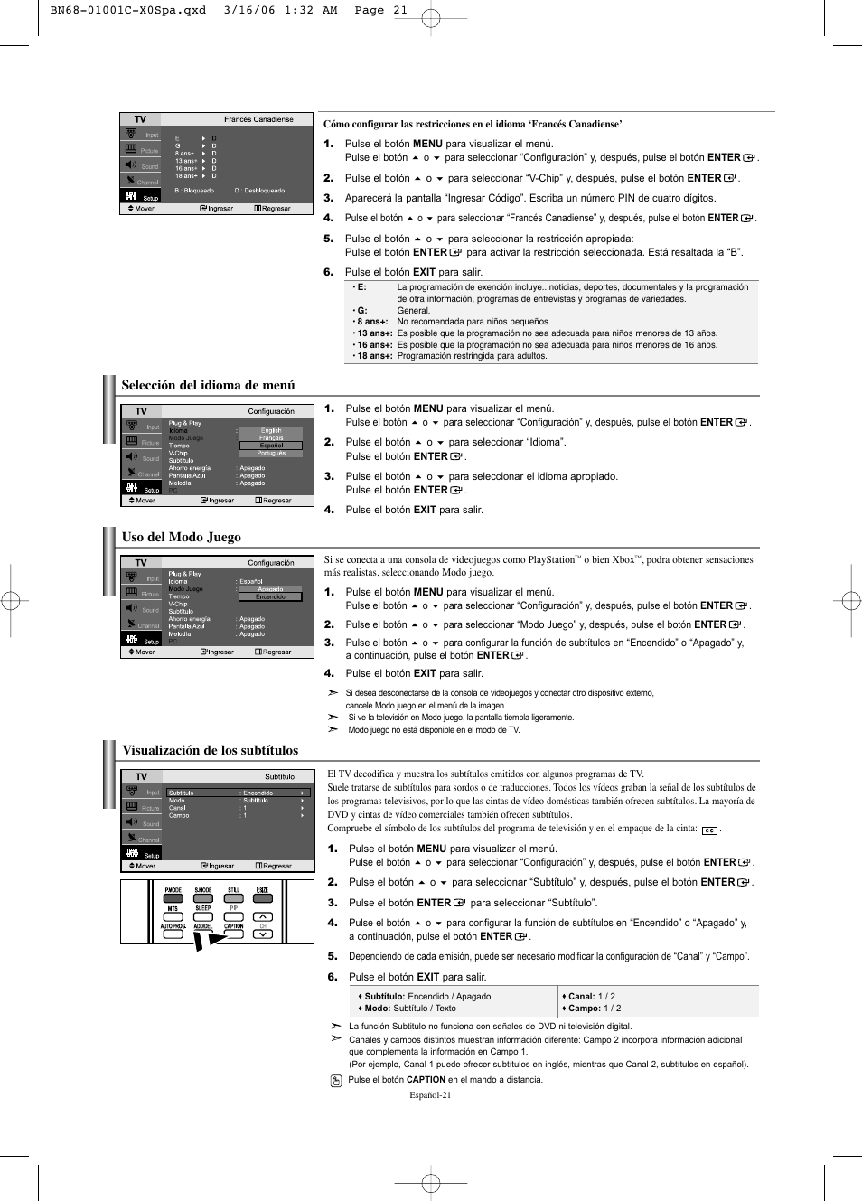 Visualización de los subtítulos, Selección del idioma de menú, Uso del modo juego | Samsung LNS2341WX-XAA User Manual | Page 75 / 80