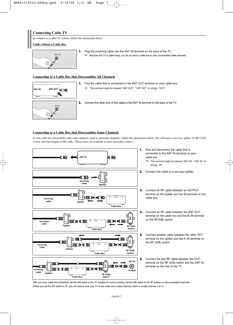Connecting cable tv | Samsung LNS2341WX-XAA User Manual | Page 9 / 80