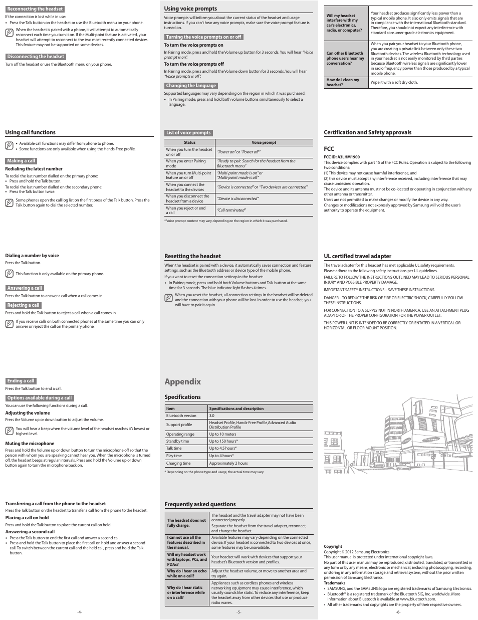 Appendix, Using call functions, Resetting the headset | Specifications, Certification and safety approvals fcc, Ul certified travel adapter, Using voice prompts, Frequently asked questions | Samsung BHM1900NPACSTA User Manual | Page 2 / 4