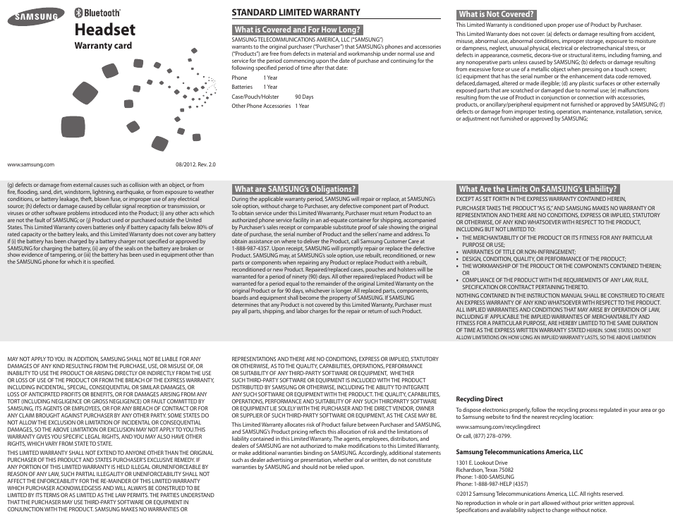 Headset, Warranty card, Standard limited warranty | What is covered and for how long, What is not covered, What are samsung’s obligations, What are the limits on samsung’s liability | Samsung BHM1900NPACSTA User Manual | Page 3 / 4