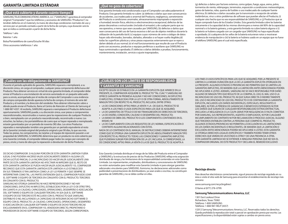 Garantía limitada estándar, Qué está cubierto y durante cuánto tiempo, Qué no goza de cobertura | Cuáles son las obligaciones de samsung | Samsung BHM1900NPACSTA User Manual | Page 4 / 4