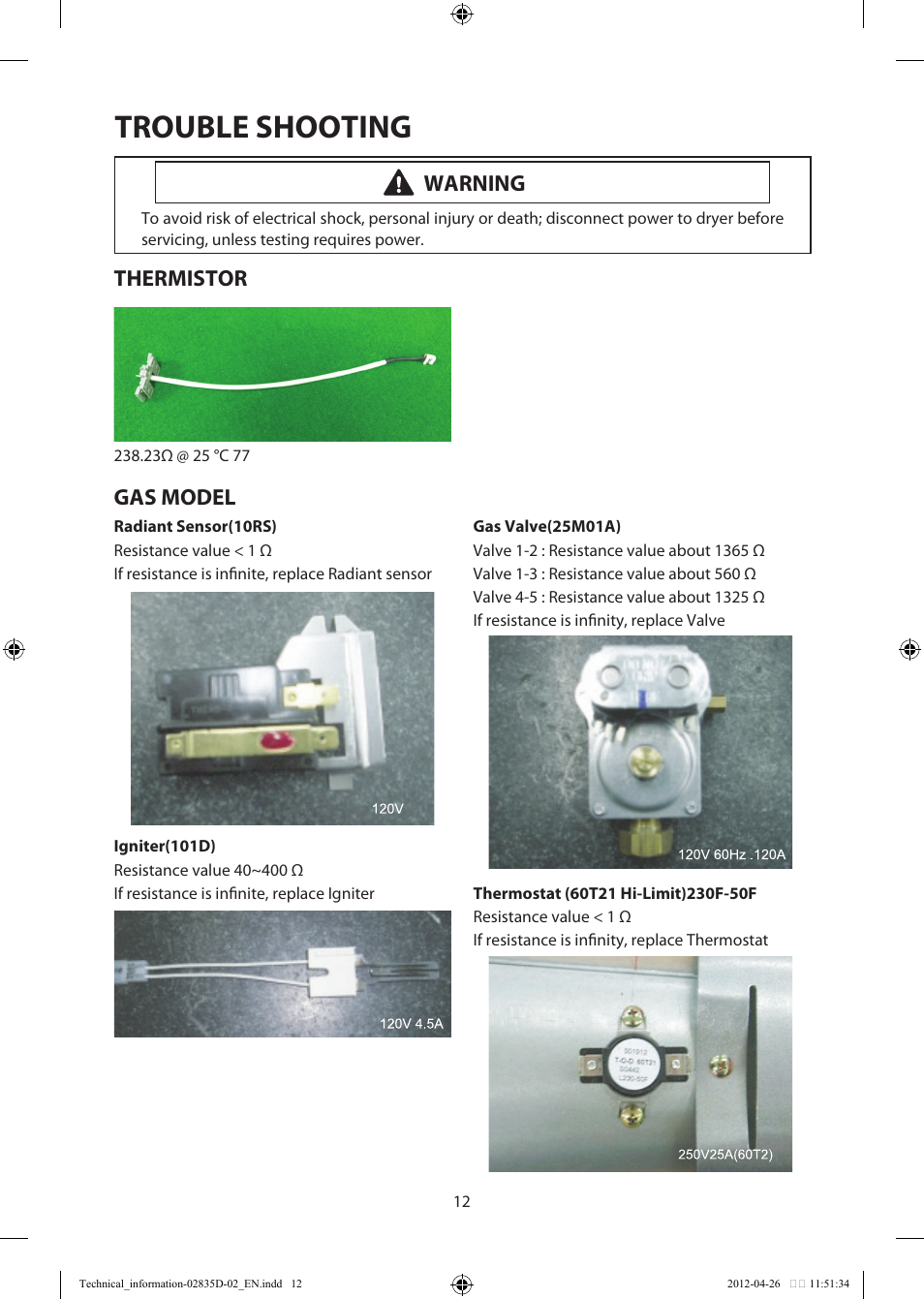 Trouble shooting, Thermistor gas model, Warning | Samsung DV457EVGSWR-AA User Manual | Page 12 / 48