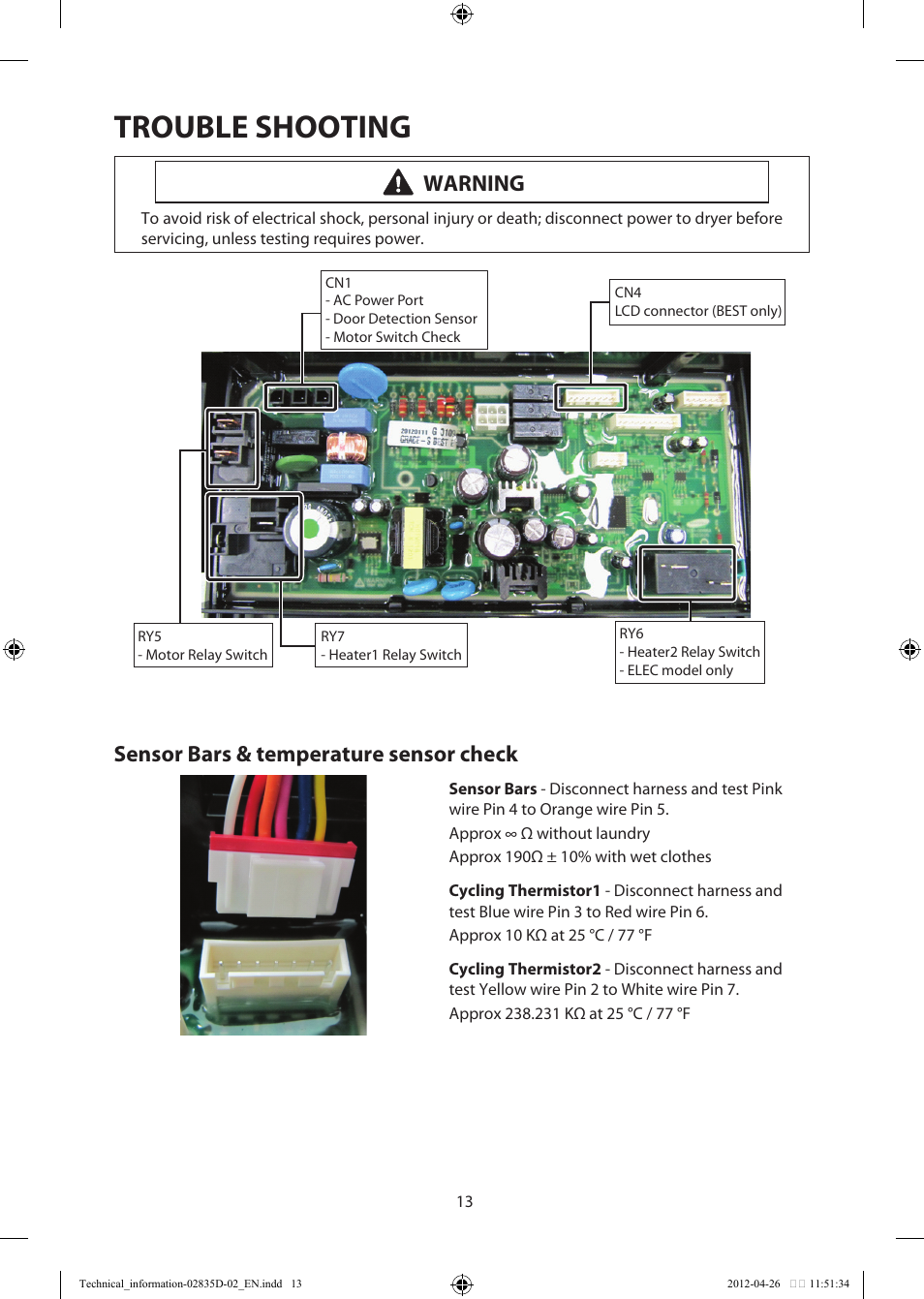 Trouble shooting, Warning, Sensor bars & temperature sensor check | Samsung DV457EVGSWR-AA User Manual | Page 13 / 48