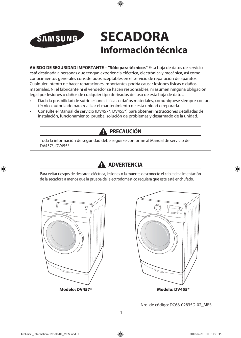 Secadora, Información técnica | Samsung DV457EVGSWR-AA User Manual | Page 17 / 48