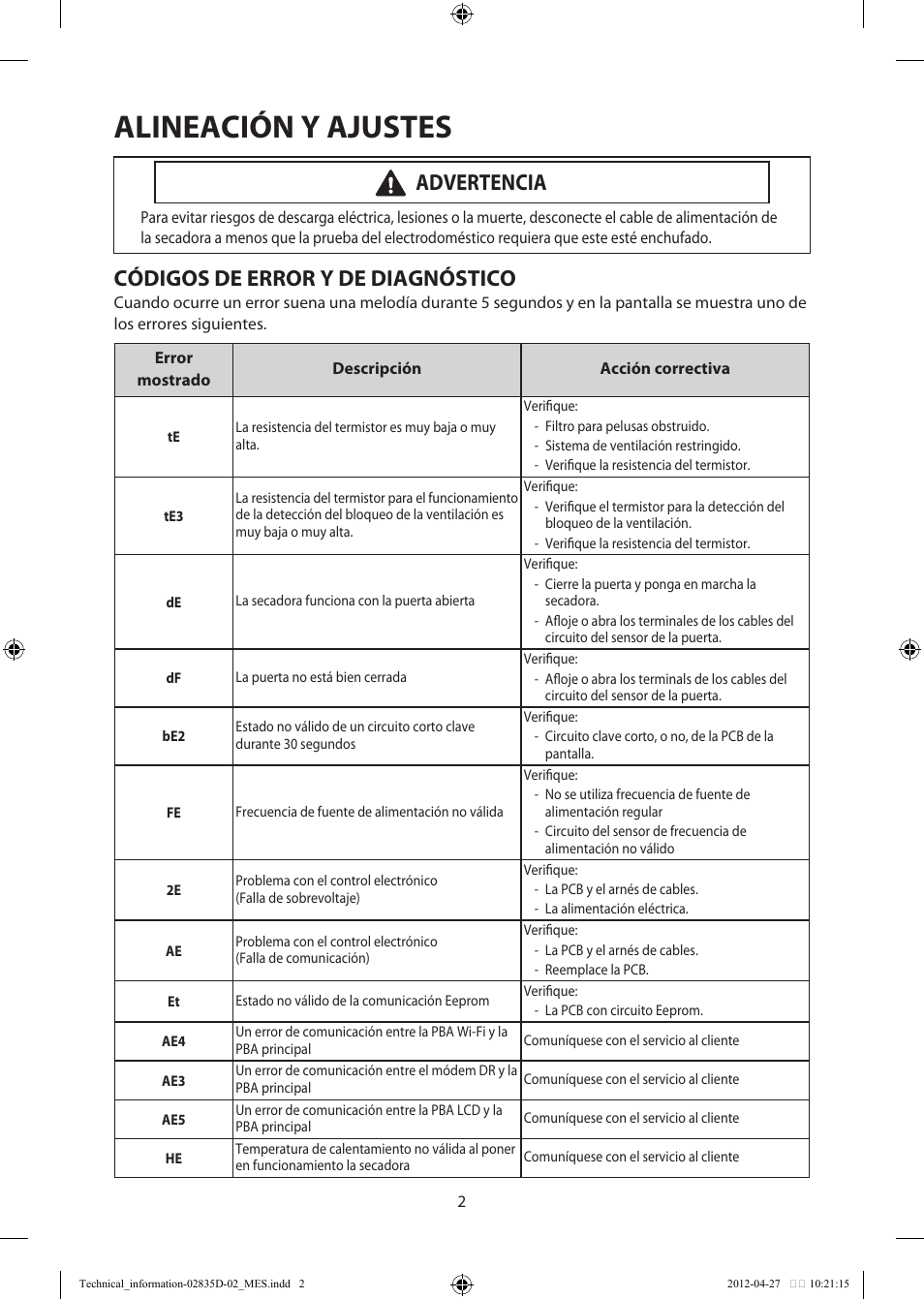 Alineación y ajustes, Códigos de error y de diagnóstico, Advertencia | Samsung DV457EVGSWR-AA User Manual | Page 18 / 48