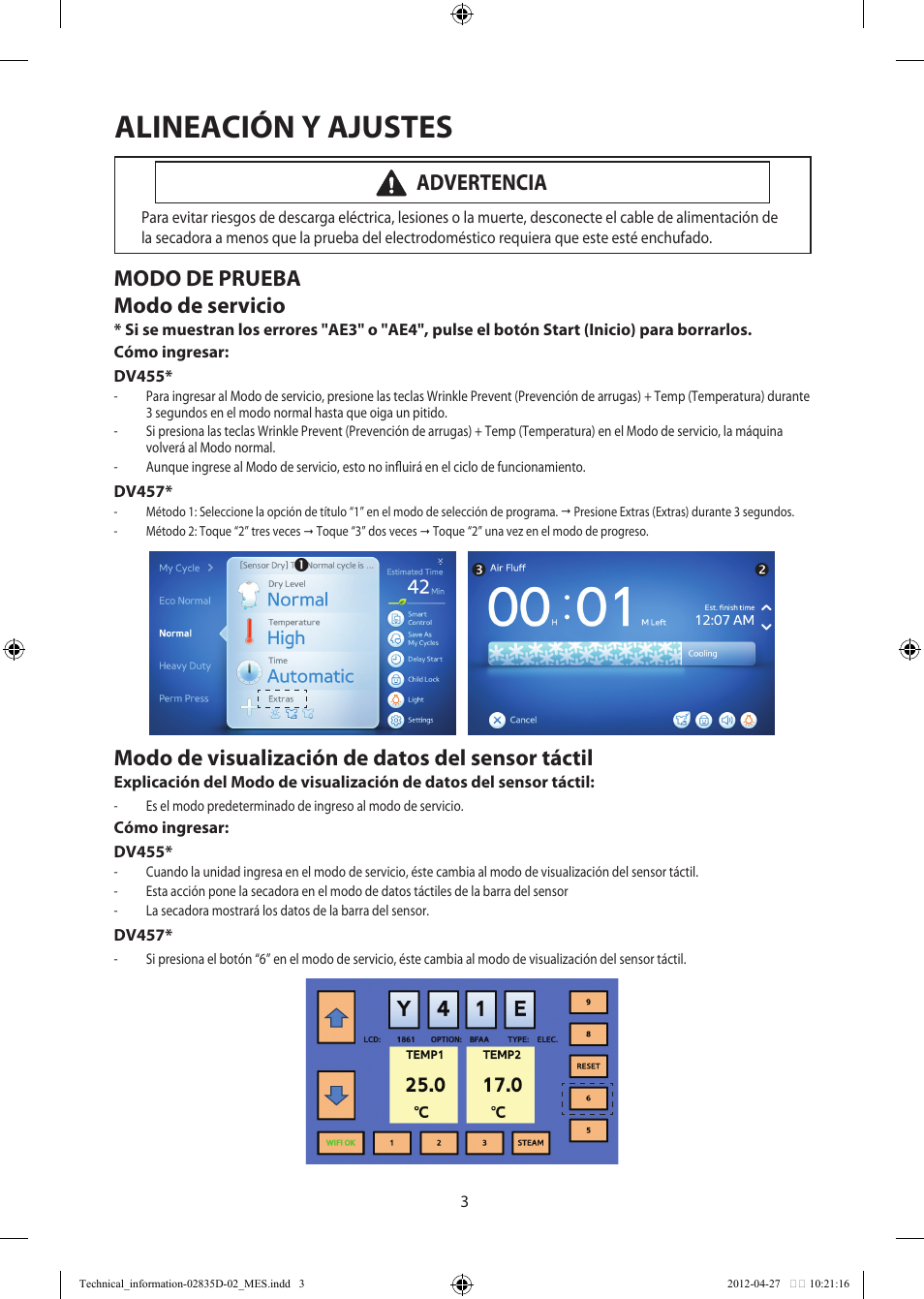 Alineación y ajustes, Modo de prueba modo de servicio, Modo de visualización de datos del sensor táctil | Advertencia | Samsung DV457EVGSWR-AA User Manual | Page 19 / 48