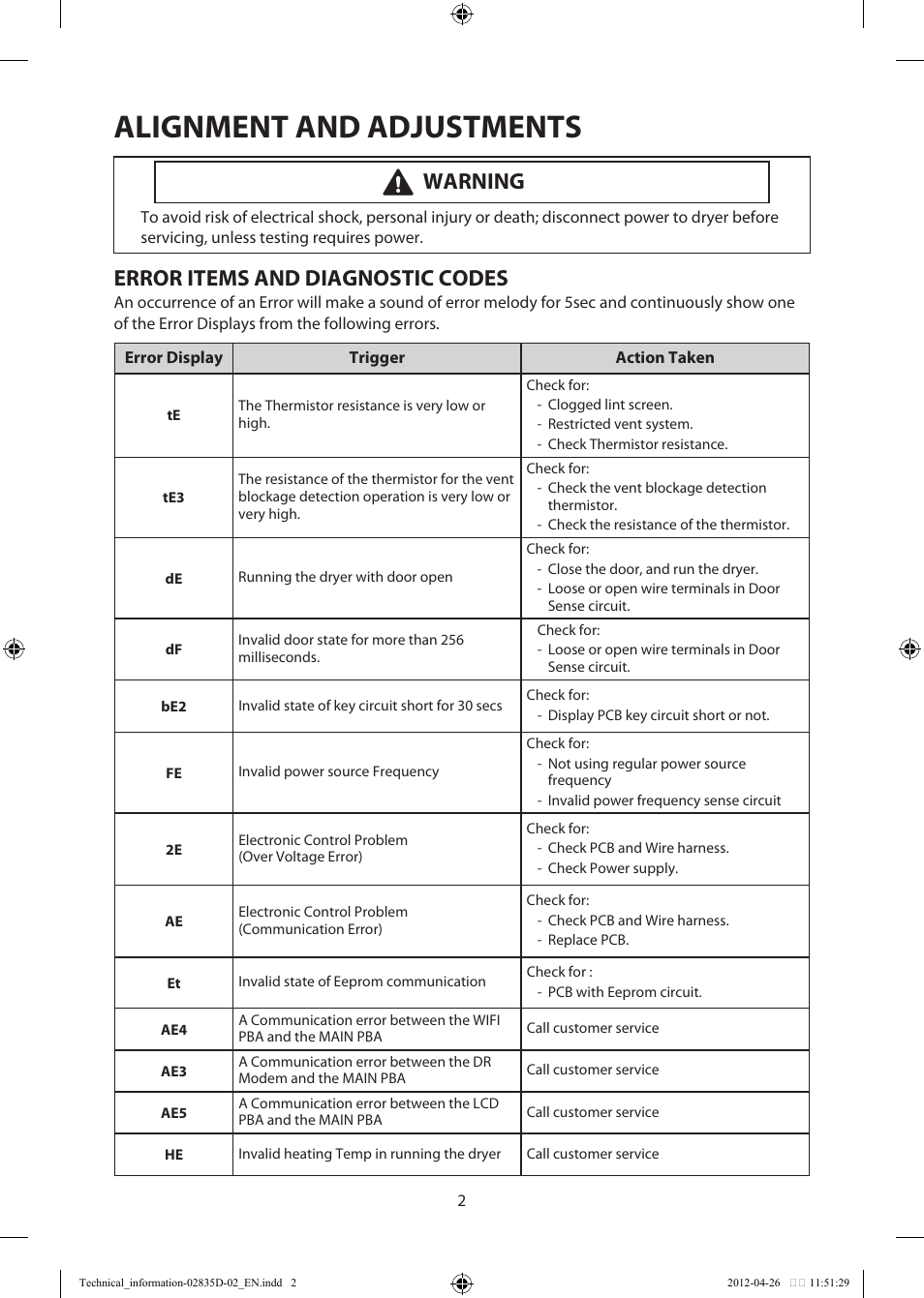 Alignment and adjustments, Error items and diagnostic codes, Warning | Samsung DV457EVGSWR-AA User Manual | Page 2 / 48