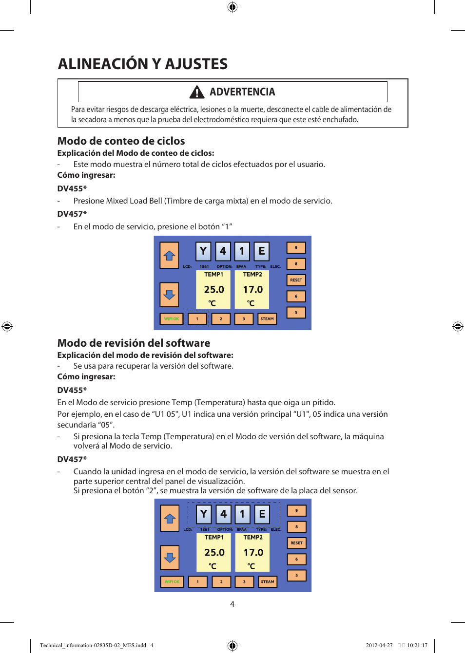 Alineación y ajustes, Modo de conteo de ciclos, Modo de revisión del software | Advertencia | Samsung DV457EVGSWR-AA User Manual | Page 20 / 48