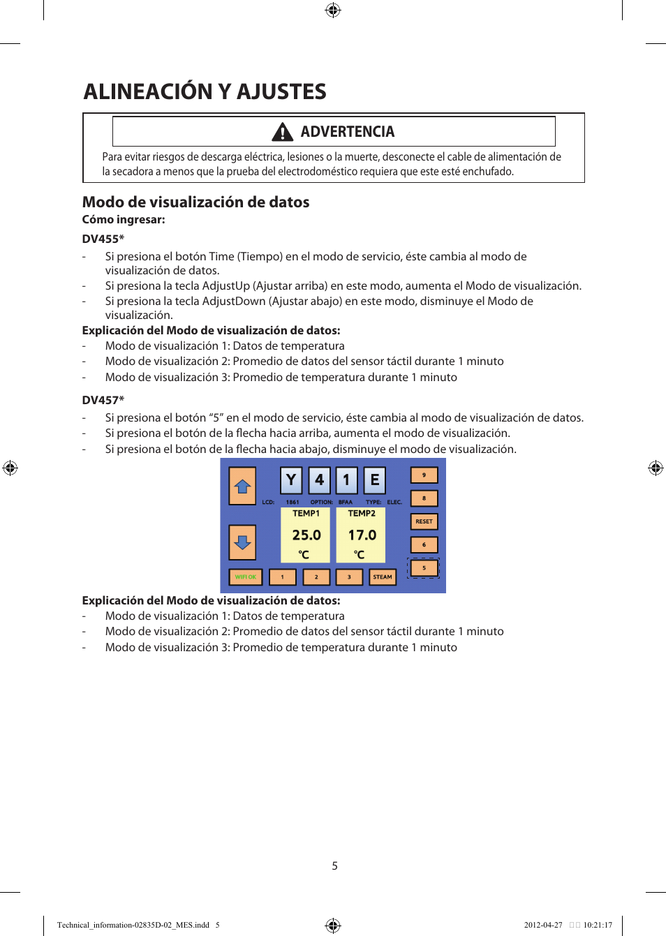 Alineación y ajustes, Modo de visualización de datos, Advertencia | Samsung DV457EVGSWR-AA User Manual | Page 21 / 48