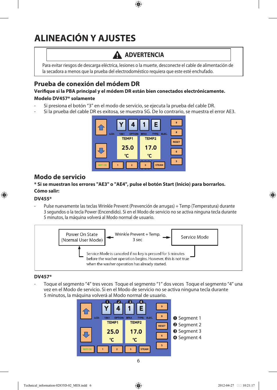 Alineación y ajustes, Prueba de conexión del módem dr, Modo de servicio | Advertencia | Samsung DV457EVGSWR-AA User Manual | Page 22 / 48