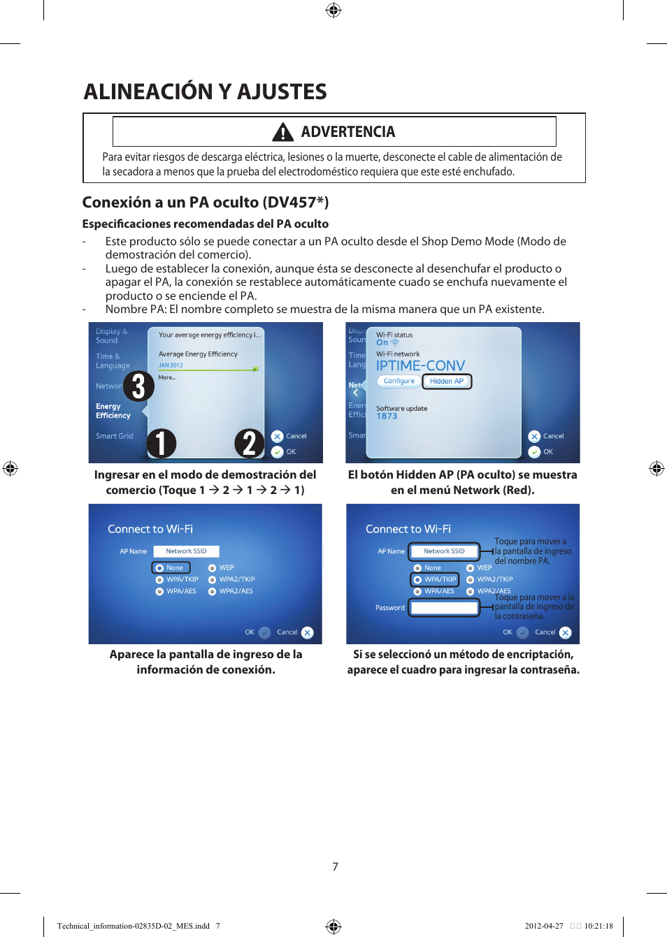 Alineación y ajustes, Conexión a un pa oculto (dv457*), Advertencia | Samsung DV457EVGSWR-AA User Manual | Page 23 / 48