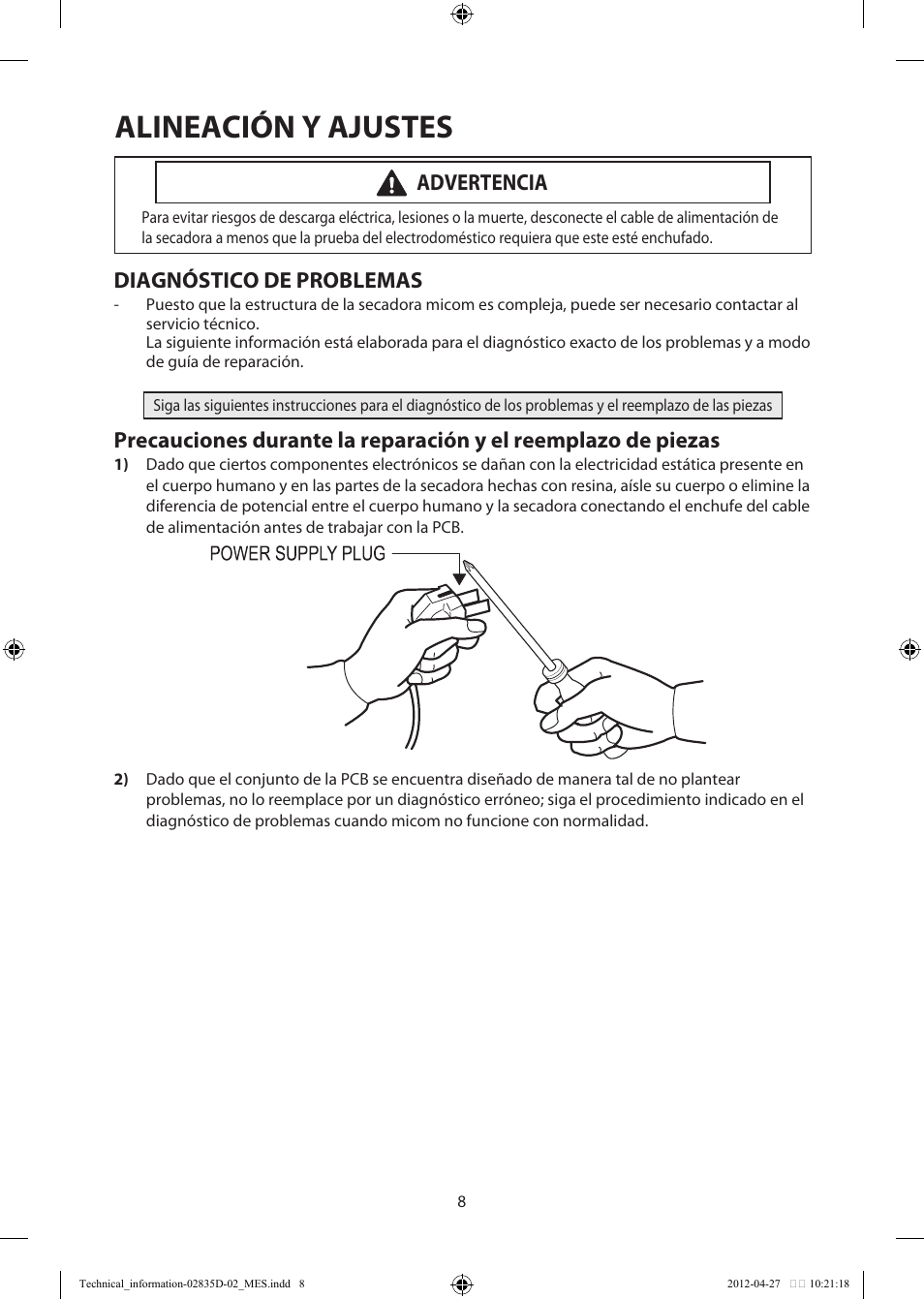 Alineación y ajustes, Diagnóstico de problemas, Advertencia | Samsung DV457EVGSWR-AA User Manual | Page 24 / 48
