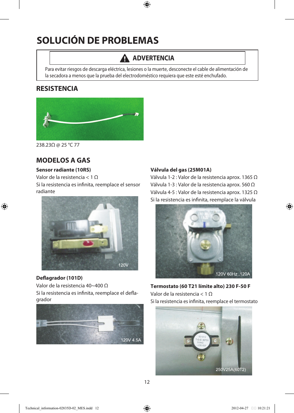 Solución de problemas, Modelos a gas, Advertencia resistencia | Samsung DV457EVGSWR-AA User Manual | Page 28 / 48