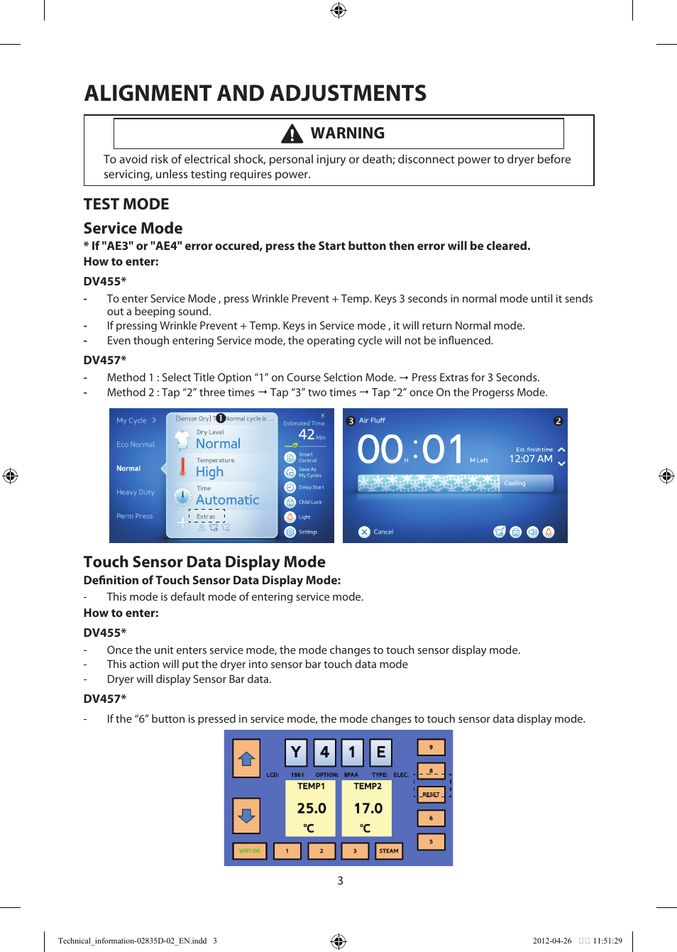 Alignment and adjustments, Test mode service mode, Touch sensor data display mode | Warning | Samsung DV457EVGSWR-AA User Manual | Page 3 / 48