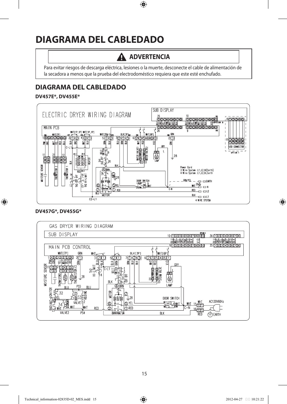 Diagrama del cabledado, Advertencia | Samsung DV457EVGSWR-AA User Manual | Page 31 / 48
