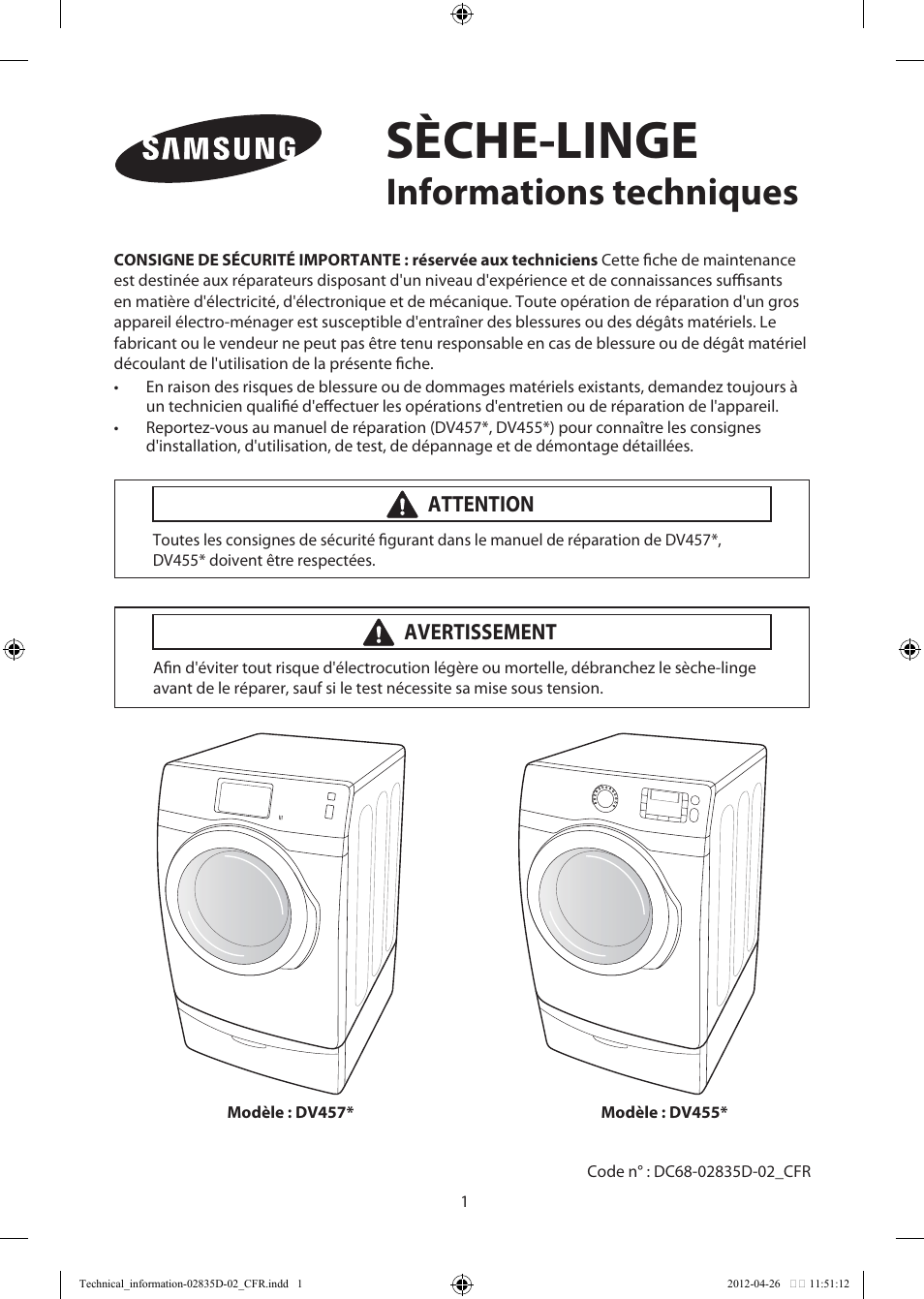 Sèche-linge, Informations techniques | Samsung DV457EVGSWR-AA User Manual | Page 33 / 48