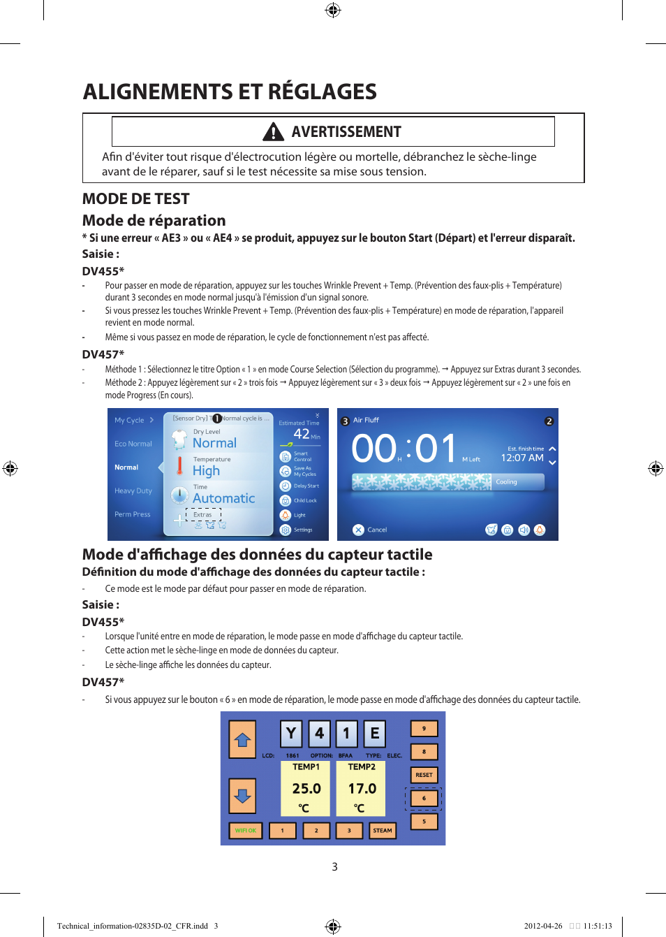 Alignements et réglages, Mode de test mode de réparation, Mode d'affichage des données du capteur tactile | Avertissement | Samsung DV457EVGSWR-AA User Manual | Page 35 / 48