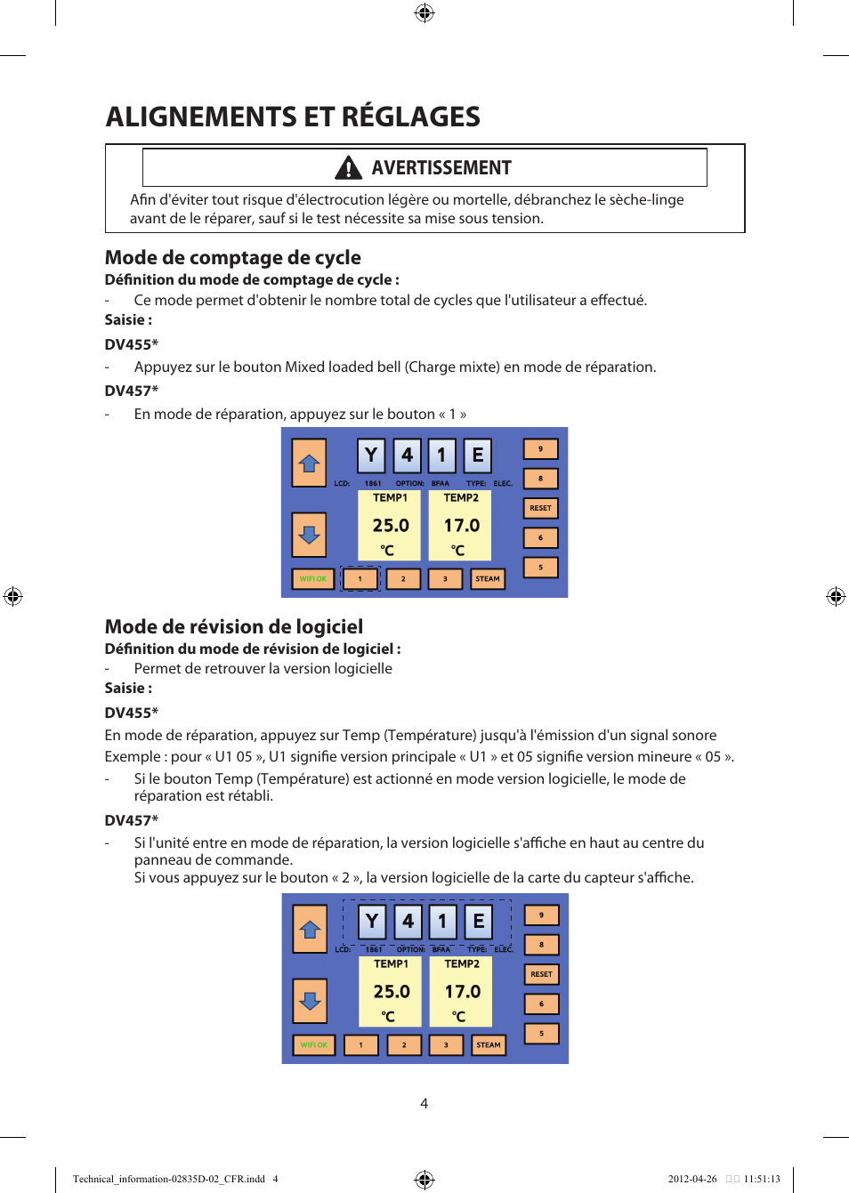 Alignements et réglages, Mode de comptage de cycle, Mode de révision de logiciel | Avertissement | Samsung DV457EVGSWR-AA User Manual | Page 36 / 48