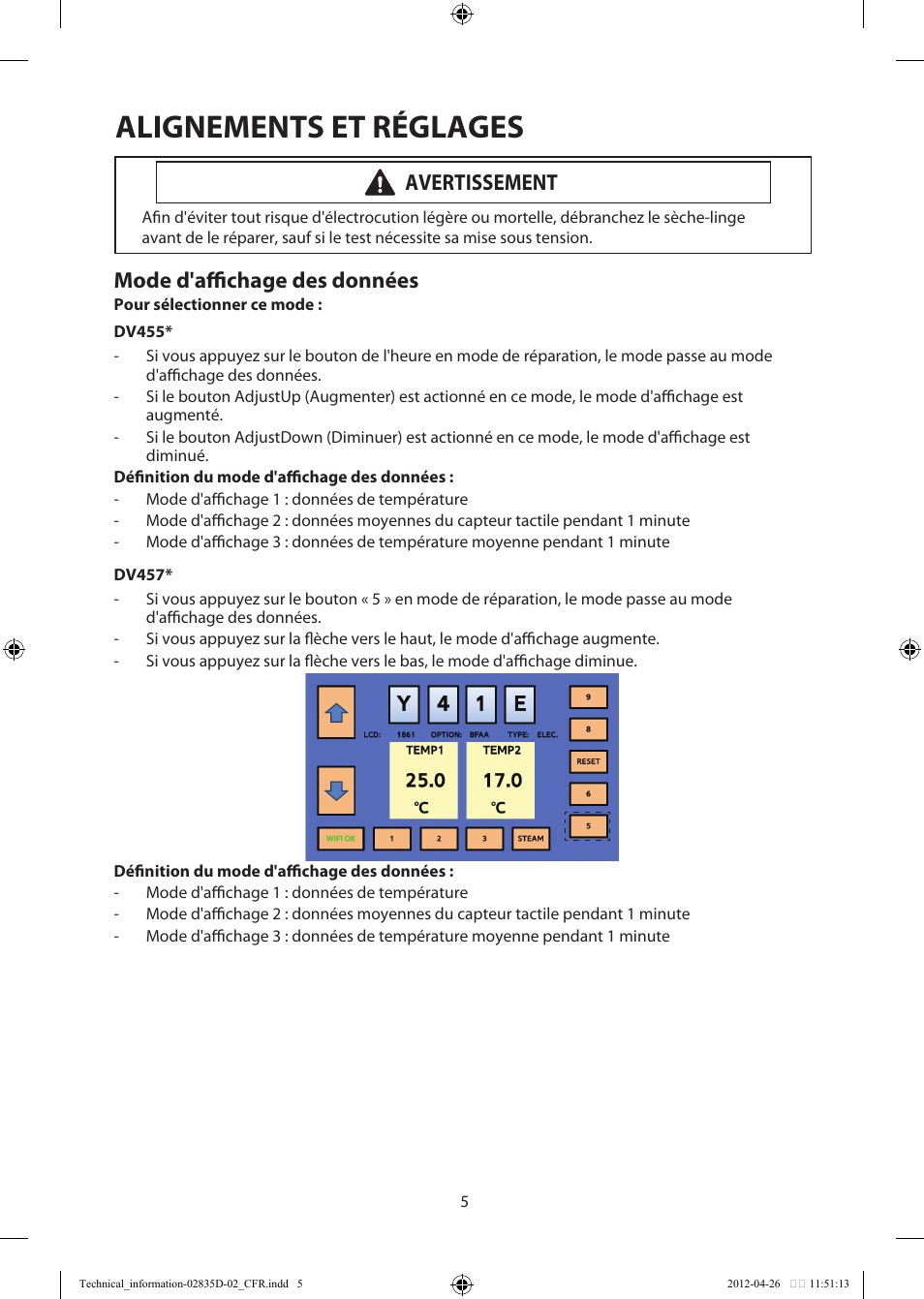 Alignements et réglages, Mode d'affichage des données, Avertissement | Samsung DV457EVGSWR-AA User Manual | Page 37 / 48