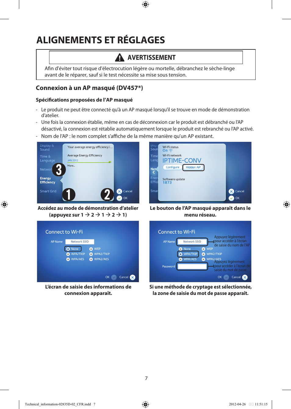 Alignements et réglages, Avertissement, Connexion à un ap masqué (dv457*) | Samsung DV457EVGSWR-AA User Manual | Page 39 / 48