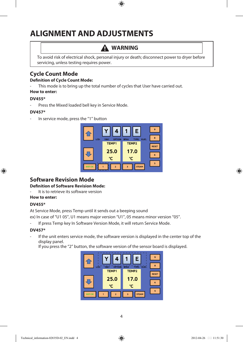 Alignment and adjustments, Warning, Cycle count mode | Software revision mode | Samsung DV457EVGSWR-AA User Manual | Page 4 / 48