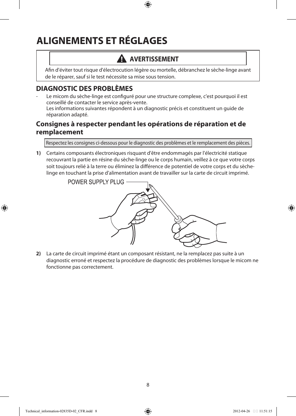 Alignements et réglages, Avertissement, Diagnostic des problèmes | Samsung DV457EVGSWR-AA User Manual | Page 40 / 48