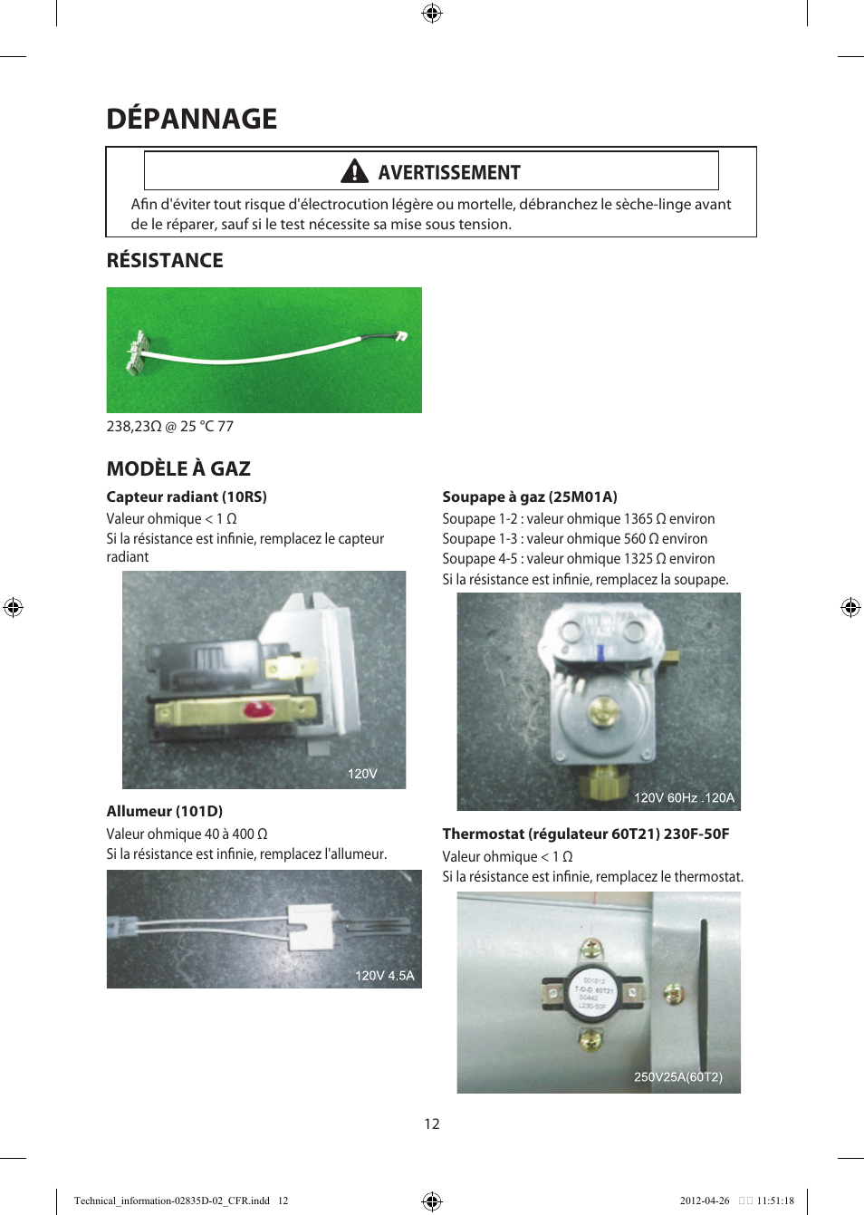 Dépannage, Modèle à gaz, Avertissement | Résistance | Samsung DV457EVGSWR-AA User Manual | Page 44 / 48