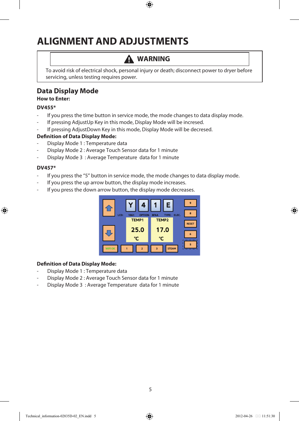 Alignment and adjustments, Warning, Data display mode | Samsung DV457EVGSWR-AA User Manual | Page 5 / 48