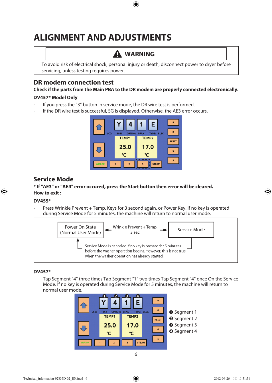 Alignment and adjustments, Warning, Dr modem connection test | Service mode | Samsung DV457EVGSWR-AA User Manual | Page 6 / 48