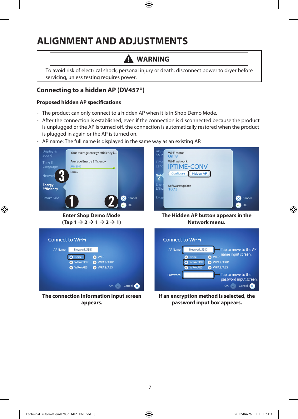 Alignment and adjustments, Warning, Connecting to a hidden ap (dv457*) | Samsung DV457EVGSWR-AA User Manual | Page 7 / 48