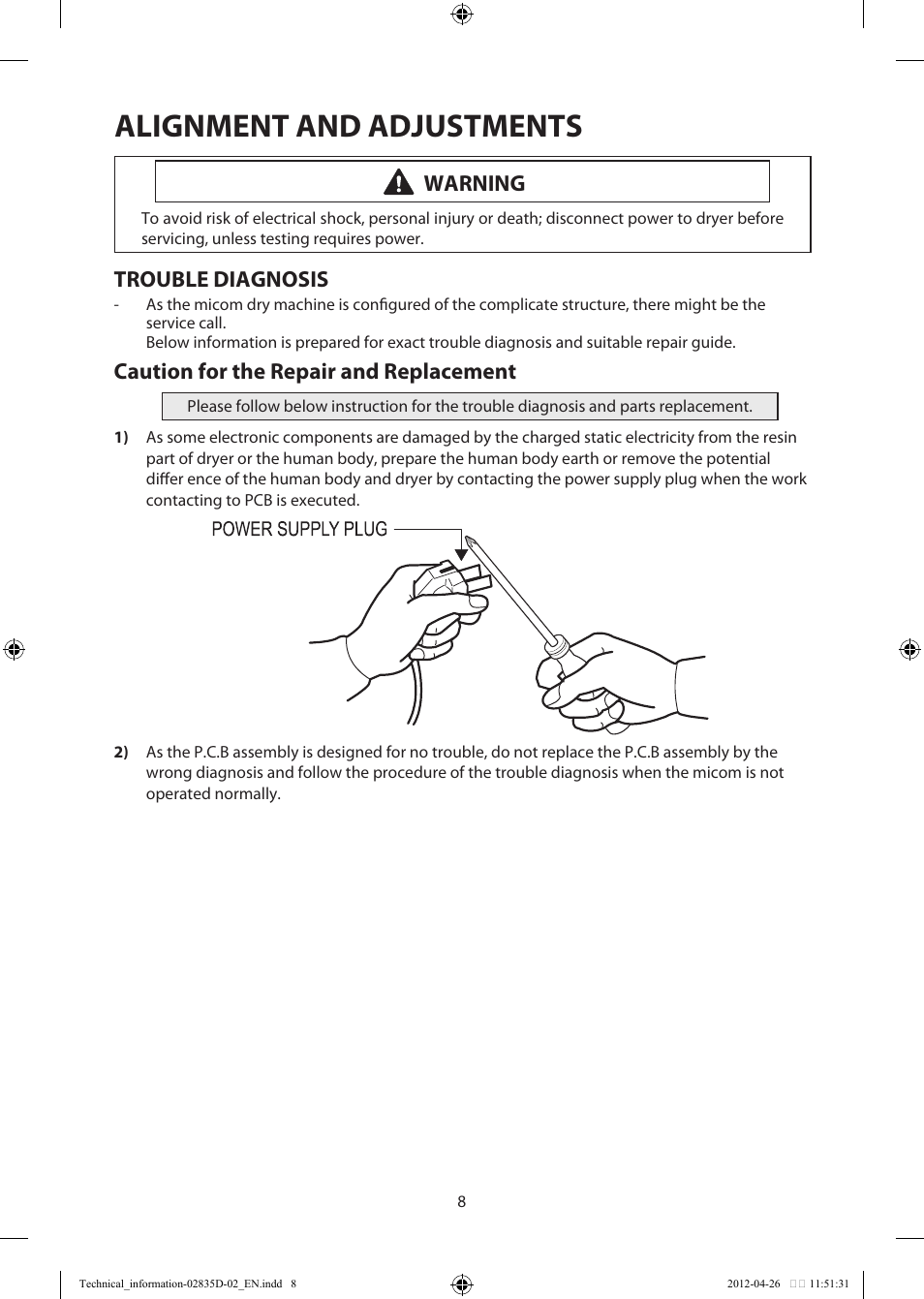 Alignment and adjustments, Trouble diagnosis, Caution for the repair and replacement | Warning | Samsung DV457EVGSWR-AA User Manual | Page 8 / 48
