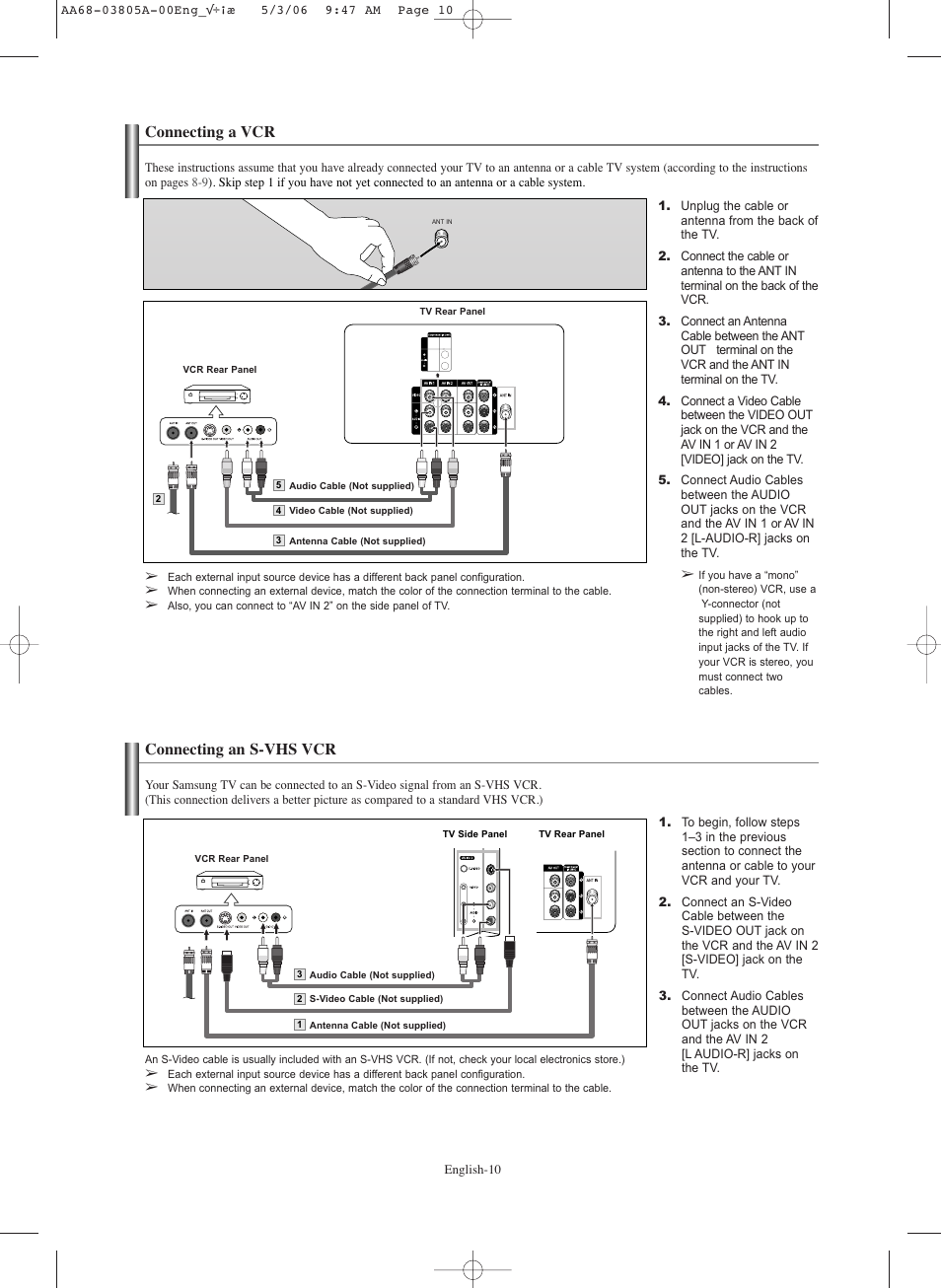 Connecting a vcr, Connecting an s-vhs vcr | Samsung TXS2740X-XAC User Manual | Page 10 / 40