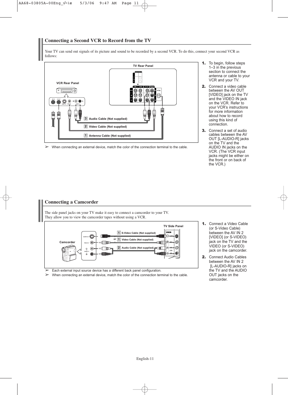 Connecting a second vcr to record from the tv, Connecting a camcorder | Samsung TXS2740X-XAC User Manual | Page 11 / 40