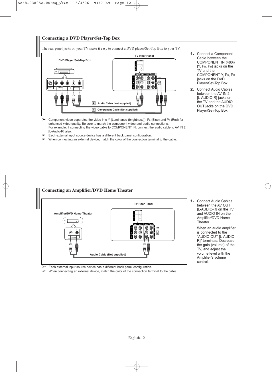 Connecting a dvd player/set-top box, Connecting an amplifier/dvd home theater | Samsung TXS2740X-XAC User Manual | Page 12 / 40