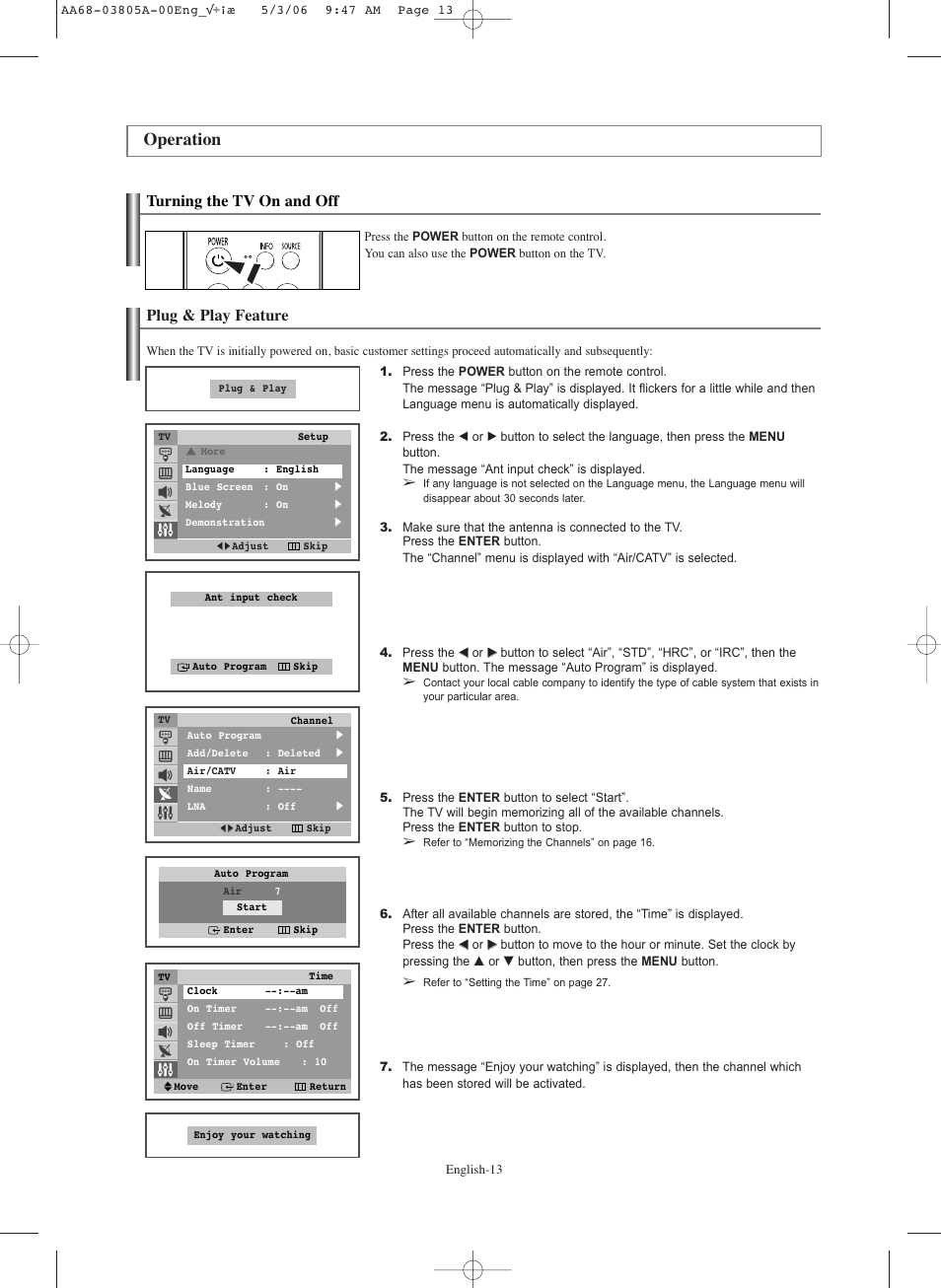 Operation, Turning the tv on and off, Plug & play feature | Samsung TXS2740X-XAC User Manual | Page 13 / 40