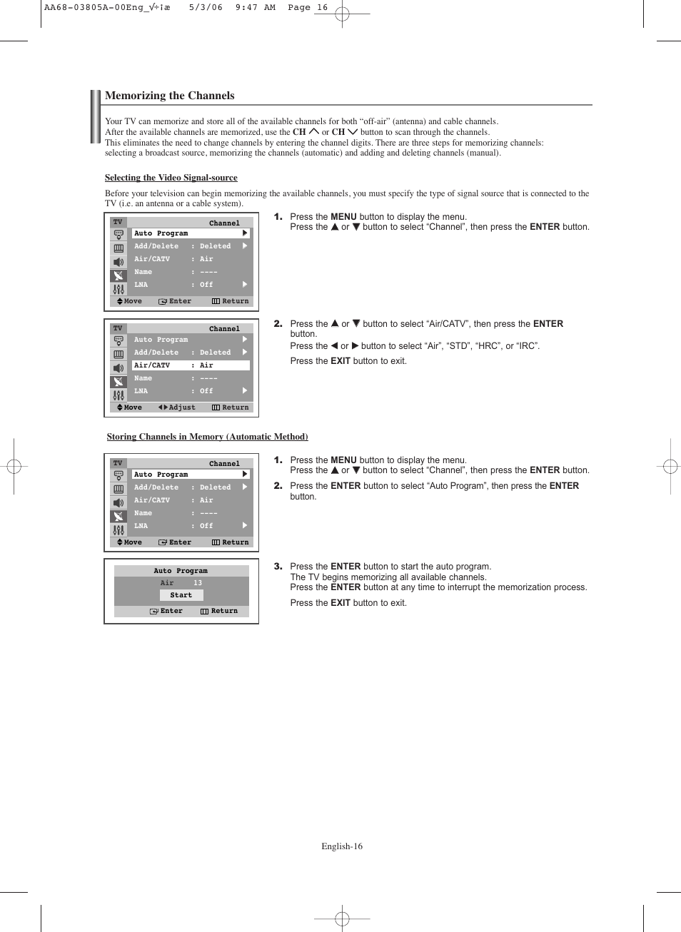 Memorizing the channels | Samsung TXS2740X-XAC User Manual | Page 16 / 40